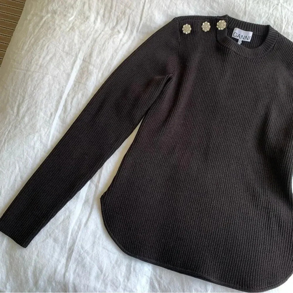 Ganni Crystal Rhinestone Shoulder Ribbed Sweater Pullover Top Brown - Picture 4 of 6